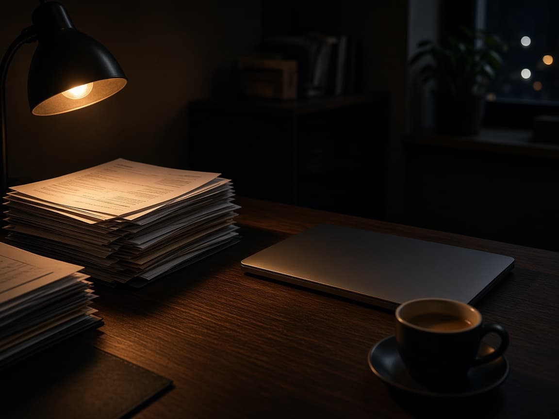 Bureau d'exploitation le soir : dossiers, ordinateur et lampe — le quotidien des processus à automatiser.