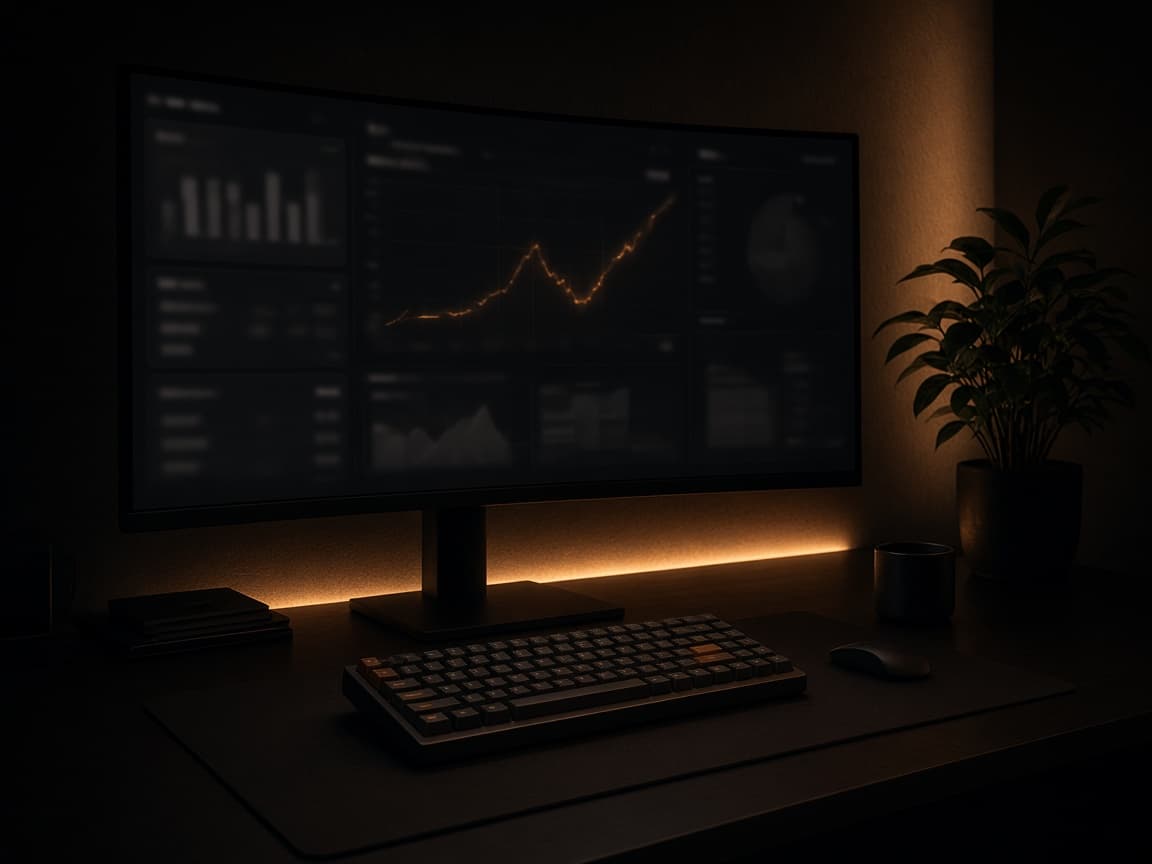 Poste d'ingénierie produit : écran de suivi et clavier dans une salle sombre.