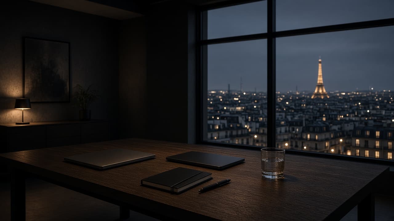 Studio vide en fin de journée : table de travail, carnets et lueur de la ville.