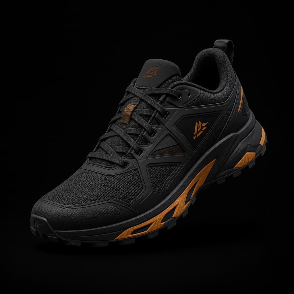 Chaussure de trail noire et ambre, 112 €
